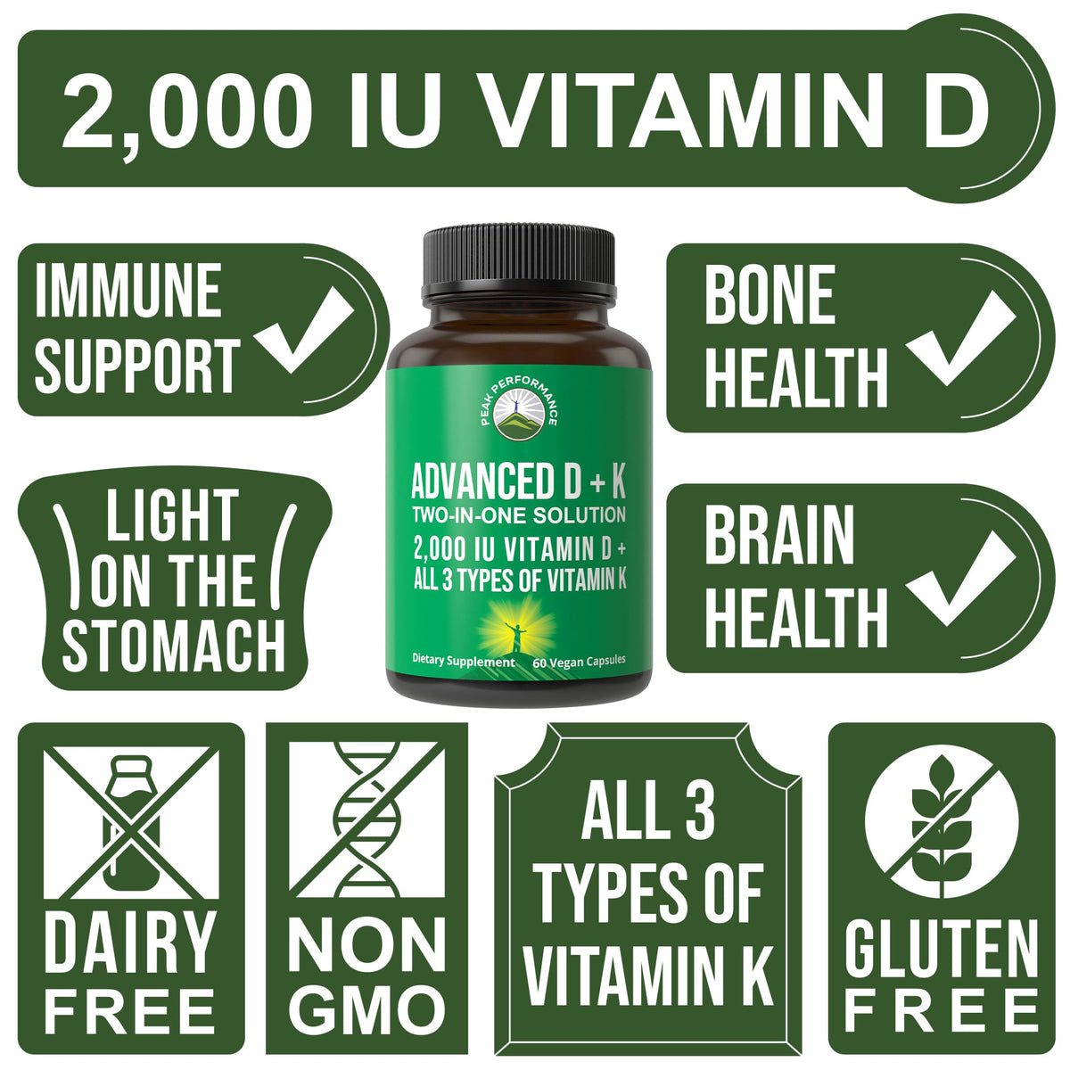 Peak Performance Vitamin D with K in high-quality packaging offers immune support, bone health, and brain health. Available at Curat Cart.