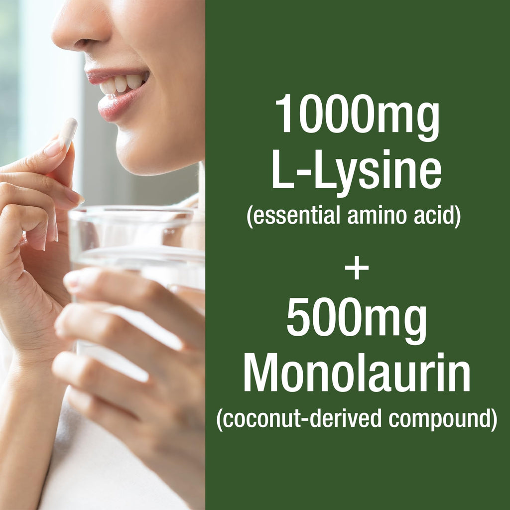 Peak Performance L-Lysine offers 1000mg of essential amino acid plus 500mg of Monolaurin in high-quality packaging, available at Curat Cart.