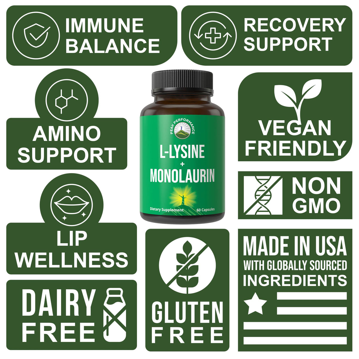Peak Performance L Lysine in official packaging, promoting immune balance and recovery support. Available at Curat Cart.