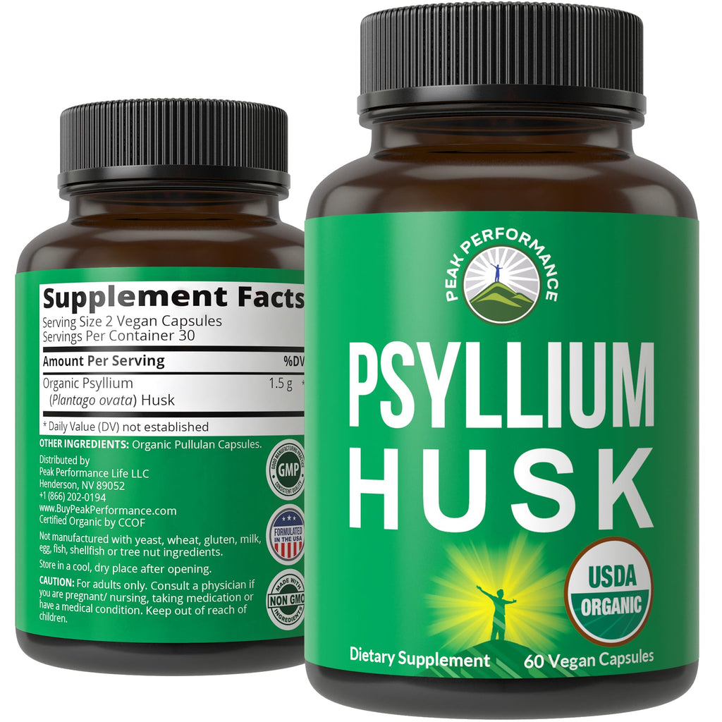 Premium imported Peak Performance Psyllium Husk Capsules, USDA organic, ideal for digestive health. Available at Curat Cart.