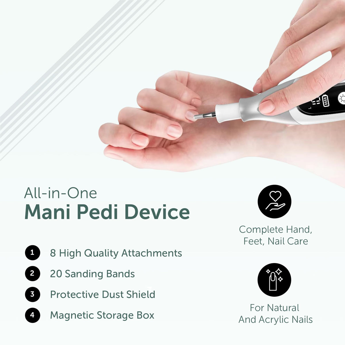PediLux Pro is a genuine all-in-one mani-pedi device with 8 attachments, 20 sanding bands, dust shield, and storage box.