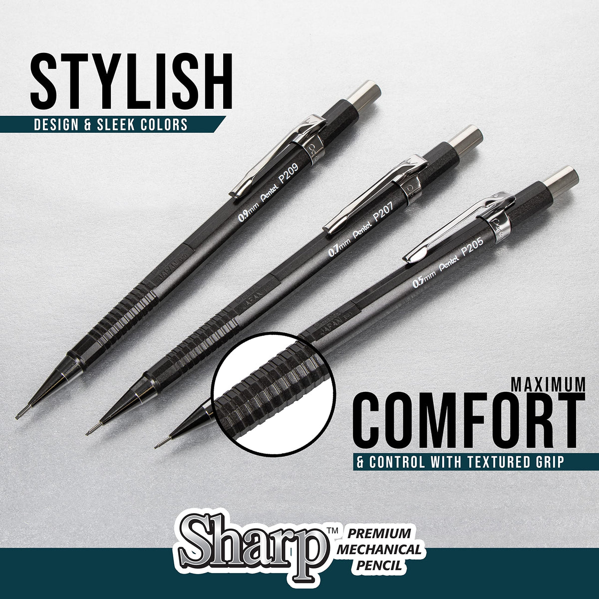 Pentel Sharp Mechanical Pencil set offers maximum comfort with textured grip. 100% Authentic and available at Curat Cart in India.