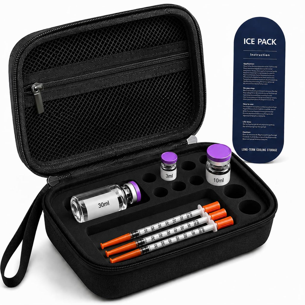 Premium imported Peptide Travel Case Organizer from Curat Cart, ideal for secure storage of vials and syringes. Perfect for international travel.