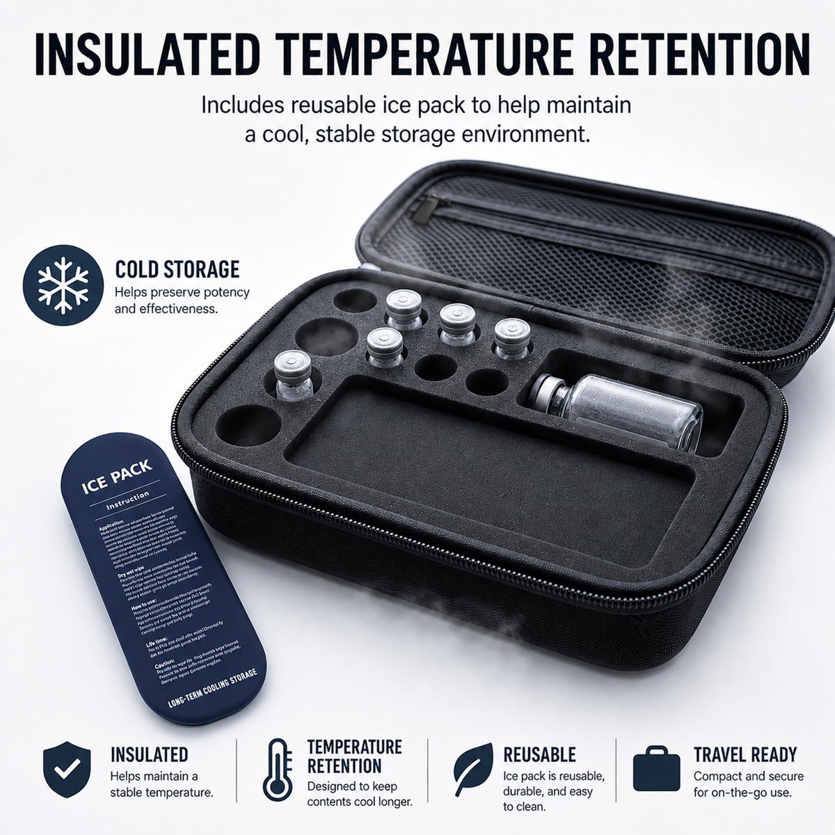 Peptide Travel Case Organizer features insulated temperature retention with reusable ice pack for safe storage. Available at Curat Cart.
