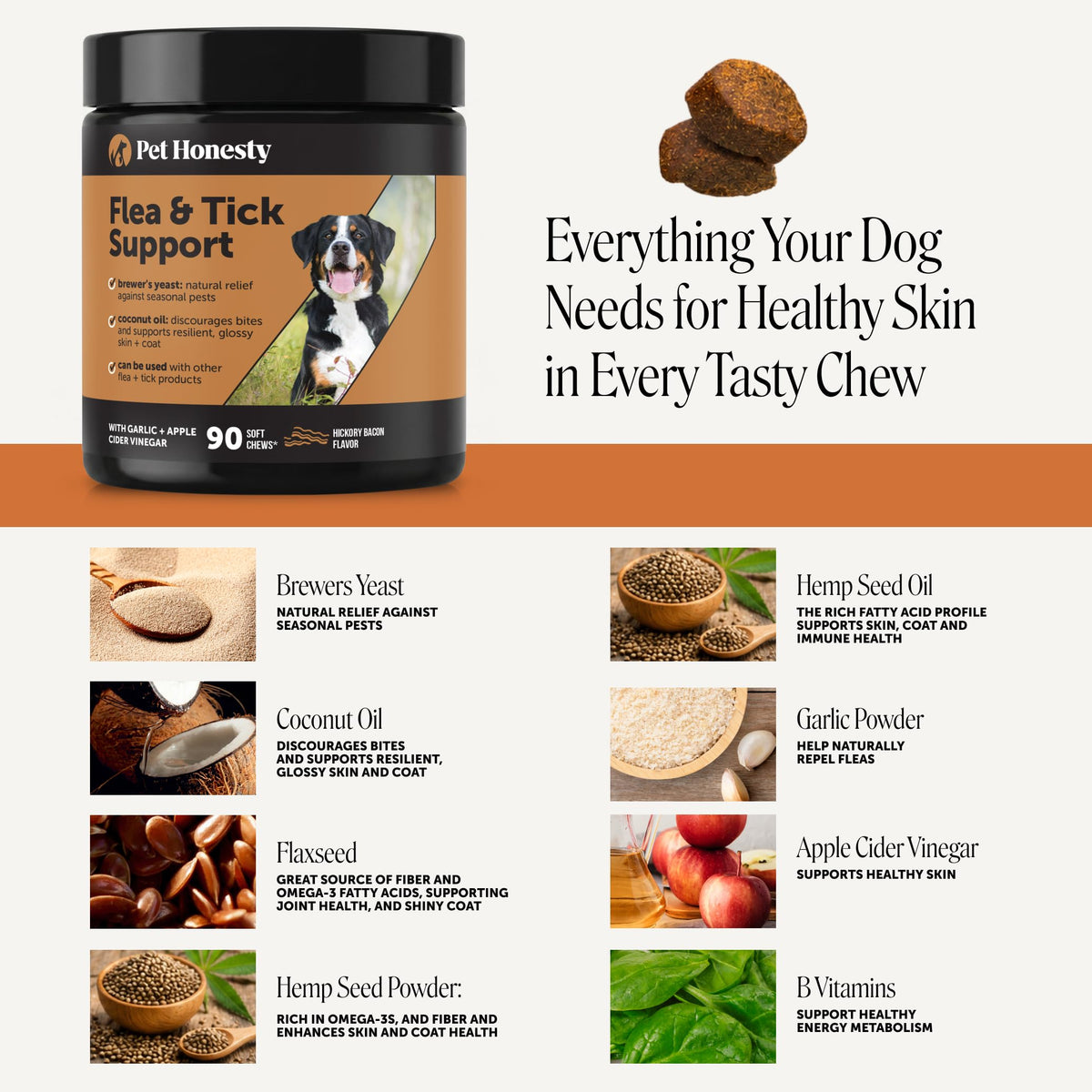 Discover Pet Honesty Flea and Tick Chews, specially curated by Curat Cart for your dog's healthy skin and coat.