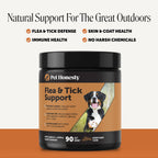 Pet Honesty Flea and Tick Chews in official packaging, promoting flea defense and skin health. Available at Curat Cart.