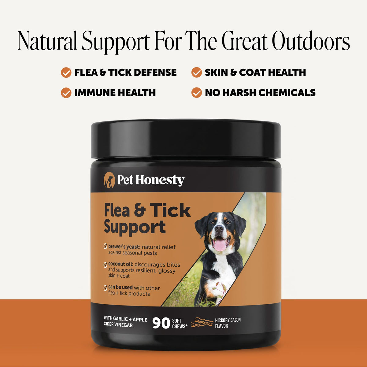Pet Honesty Flea and Tick Chews in official packaging, promoting flea defense and skin health. Available at Curat Cart.