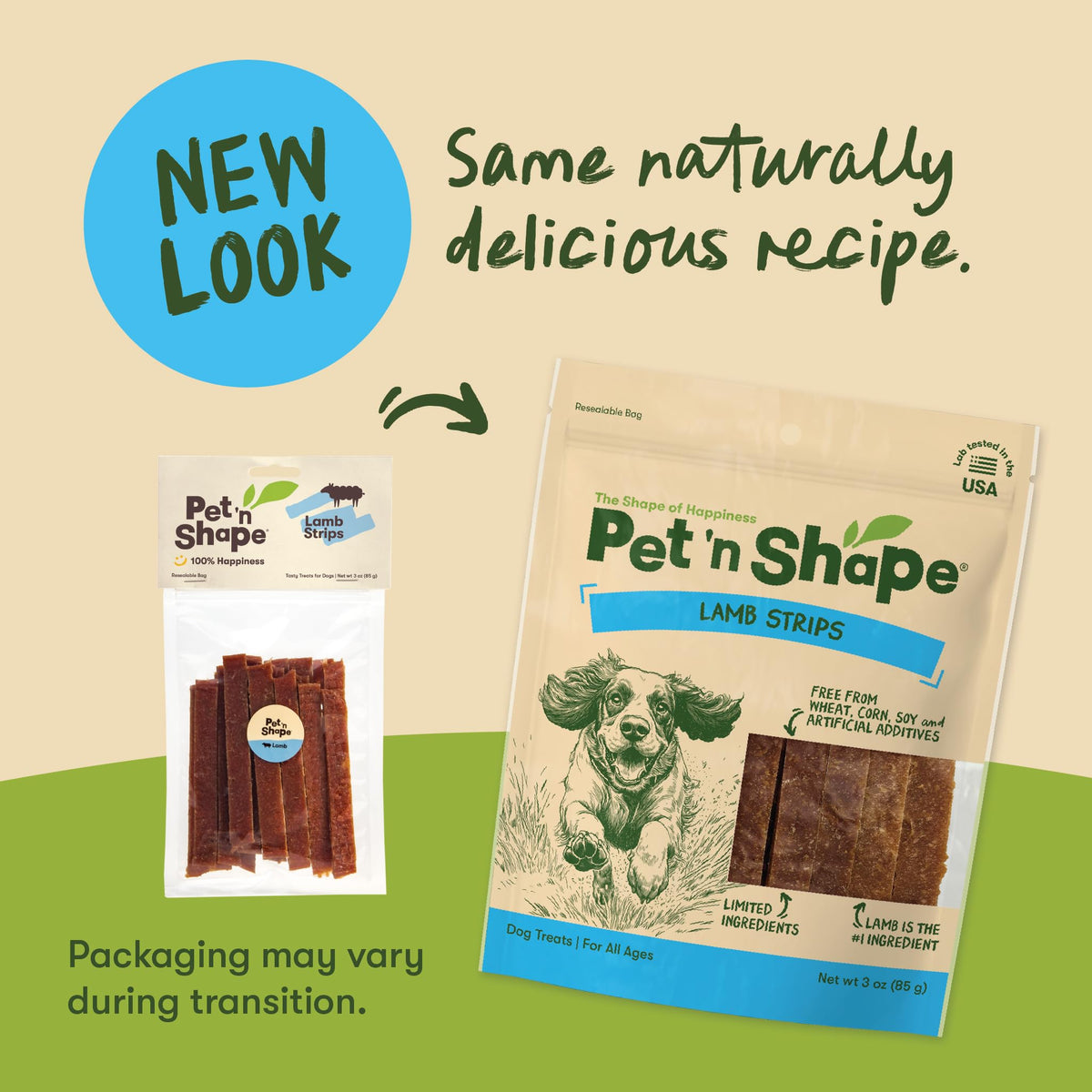 Pet 'n Shape Lamb Jerky Strip in official packaging, showcasing a new look and high-quality ingredients. Available at Curat Cart.