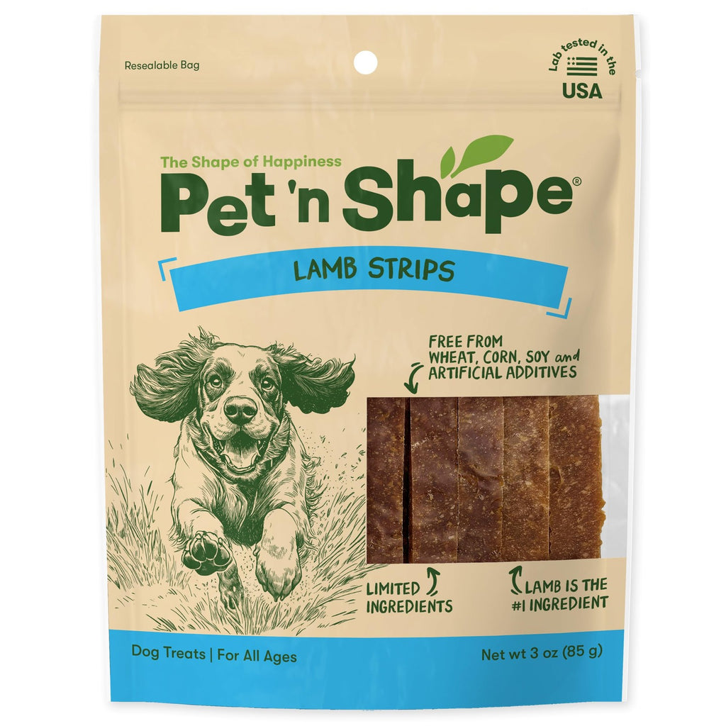Premium imported Pet 'n Shape Lamb Jerky Strip dog treats in resealable bag, made with limited ingredients for happy pets. Available at Curat Cart.
