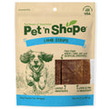Premium imported Pet 'n Shape Lamb Jerky Strip dog treats in resealable bag, made with limited ingredients for happy pets. Available at Curat Cart.