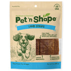 Premium imported Pet 'n Shape Lamb Jerky Strip dog treats in resealable bag, made with limited ingredients for happy pets. Available at Curat Cart.