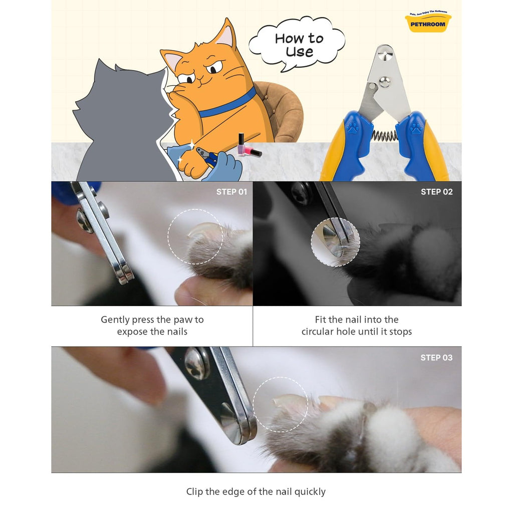 PETHROOM Cat Nail Clipper usage guide with steps for easy nail trimming. 100% Authentic, available at Curat Cart in India.
