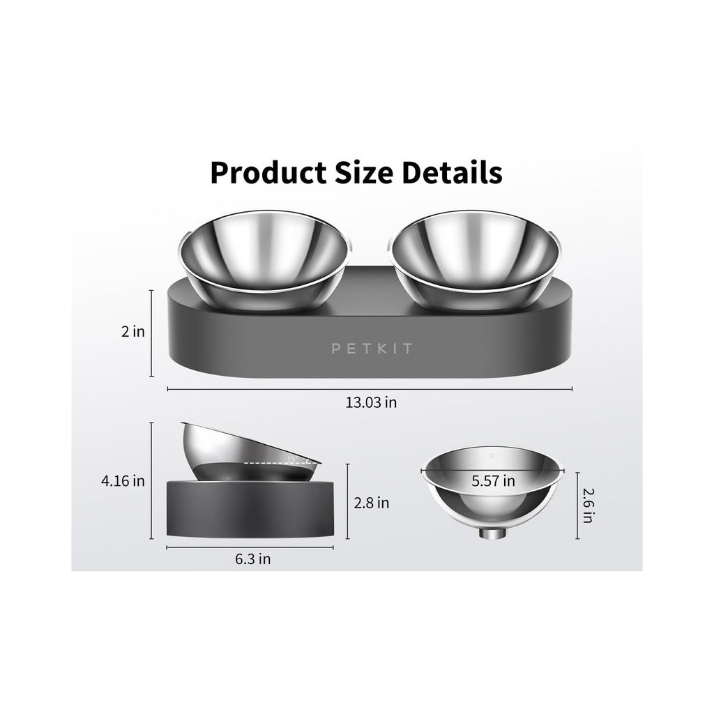 Elevated PETKIT cat and dog bowls with detailed size specifications, showcasing high-quality materials. Available at Curat Cart.