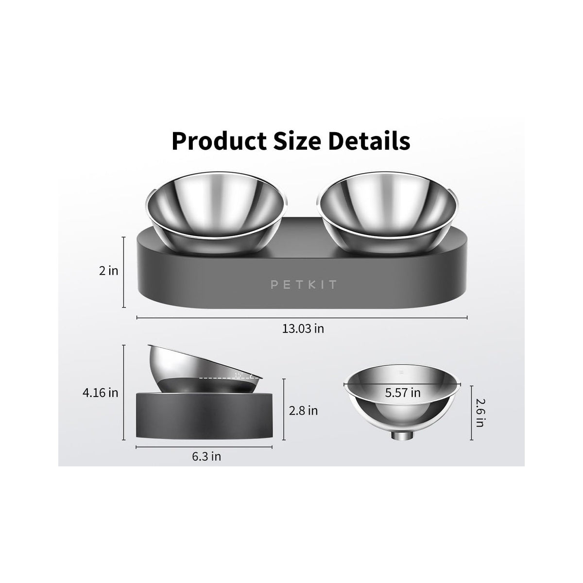 Elevated PETKIT cat and dog bowls with detailed size specifications, showcasing high-quality materials. Available at Curat Cart.
