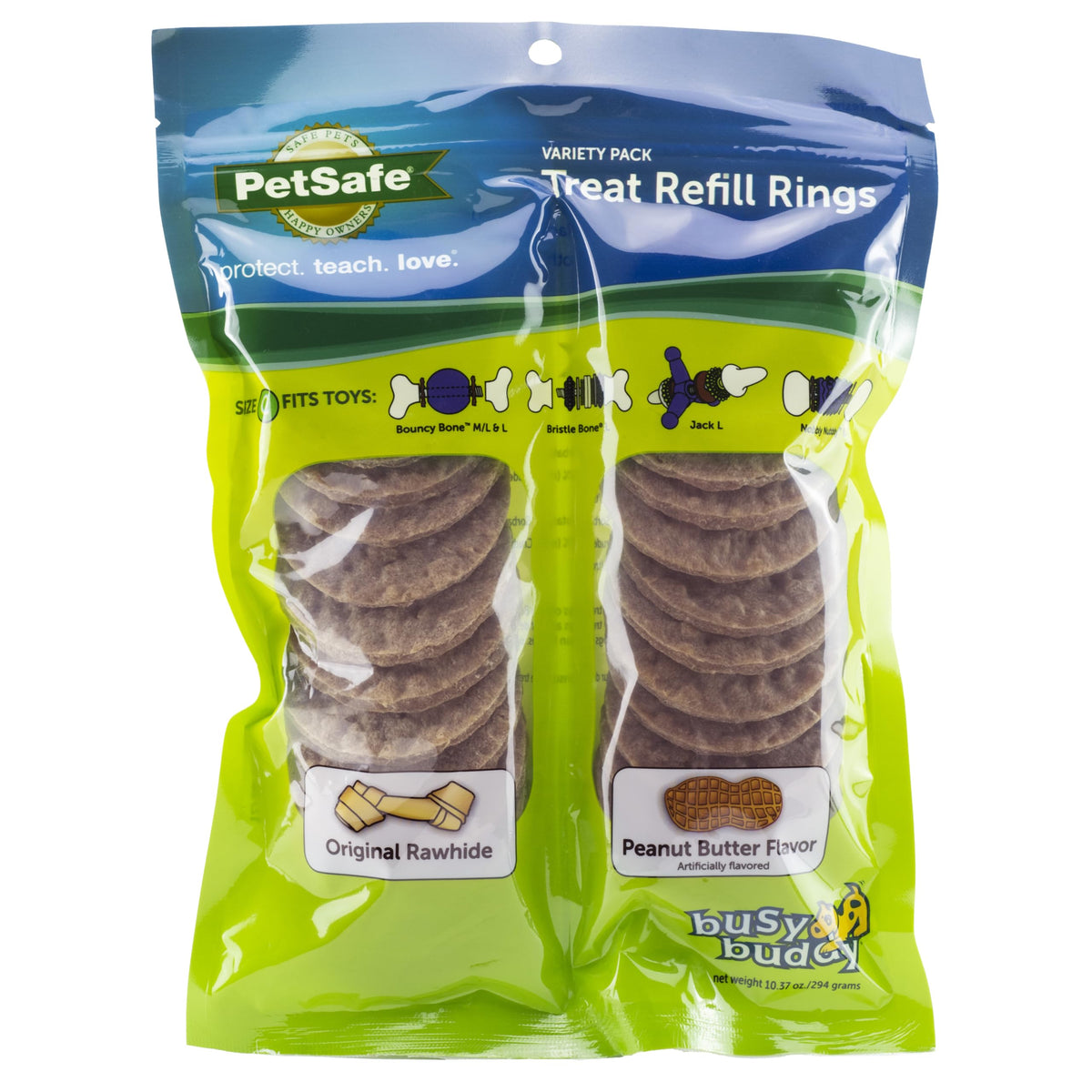 Premium imported PetSafe Busy Buddy Treat Rings in peanut butter and original rawhide flavors, available at Curat Cart.