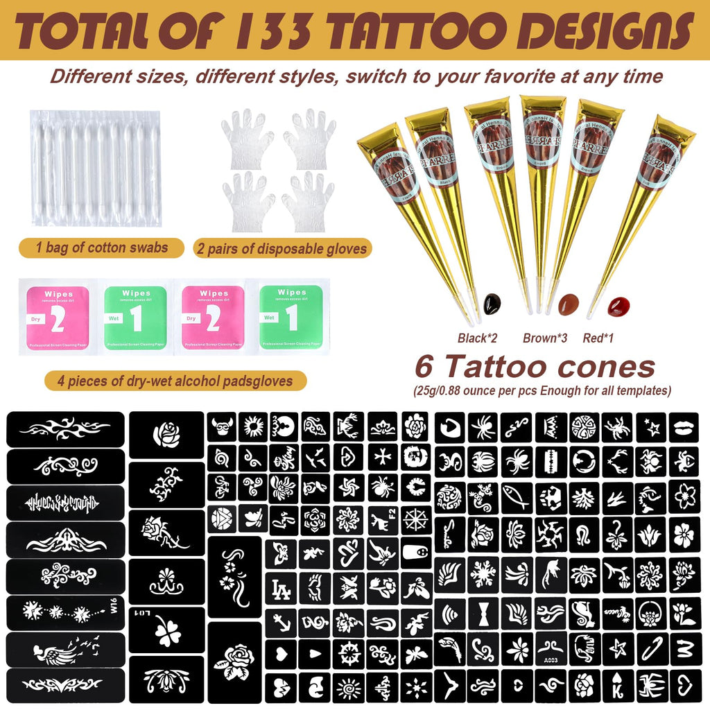PFARRER Henna Tattoo Kit includes 6 cones, gloves, and alcohol pads for 133 tattoo designs. 100% Authentic and available at Curat Cart.
