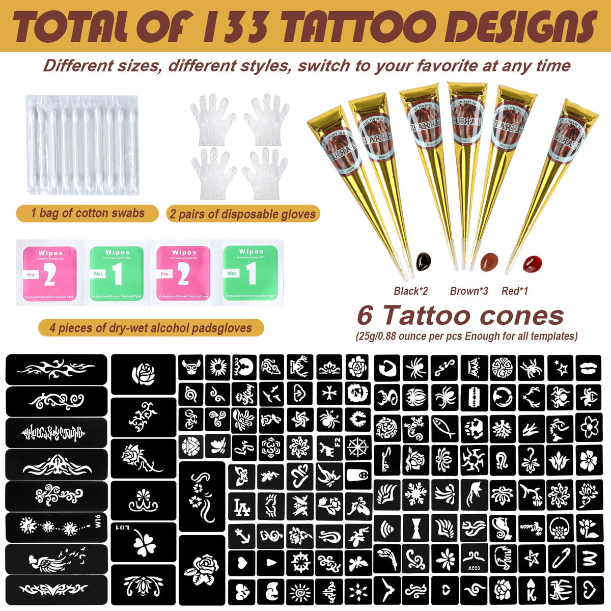 PFARRER Henna Tattoo Kit includes 6 cones, gloves, and alcohol pads for 133 tattoo designs. 100% Authentic and available at Curat Cart.