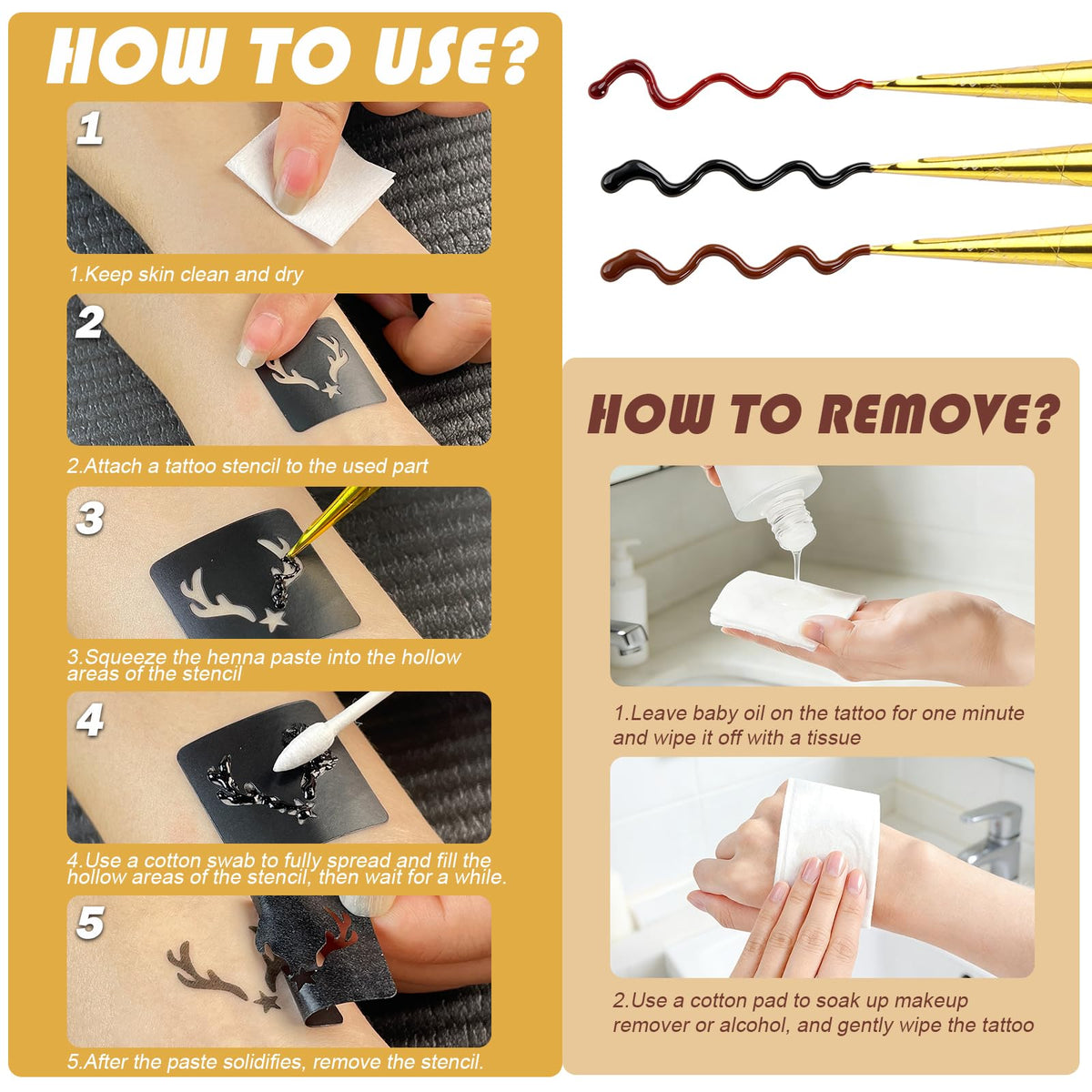 Detailed instructions for PFARRER Henna Tattoo Kit, featuring high-quality applicators and official packaging. Available at Curat Cart.