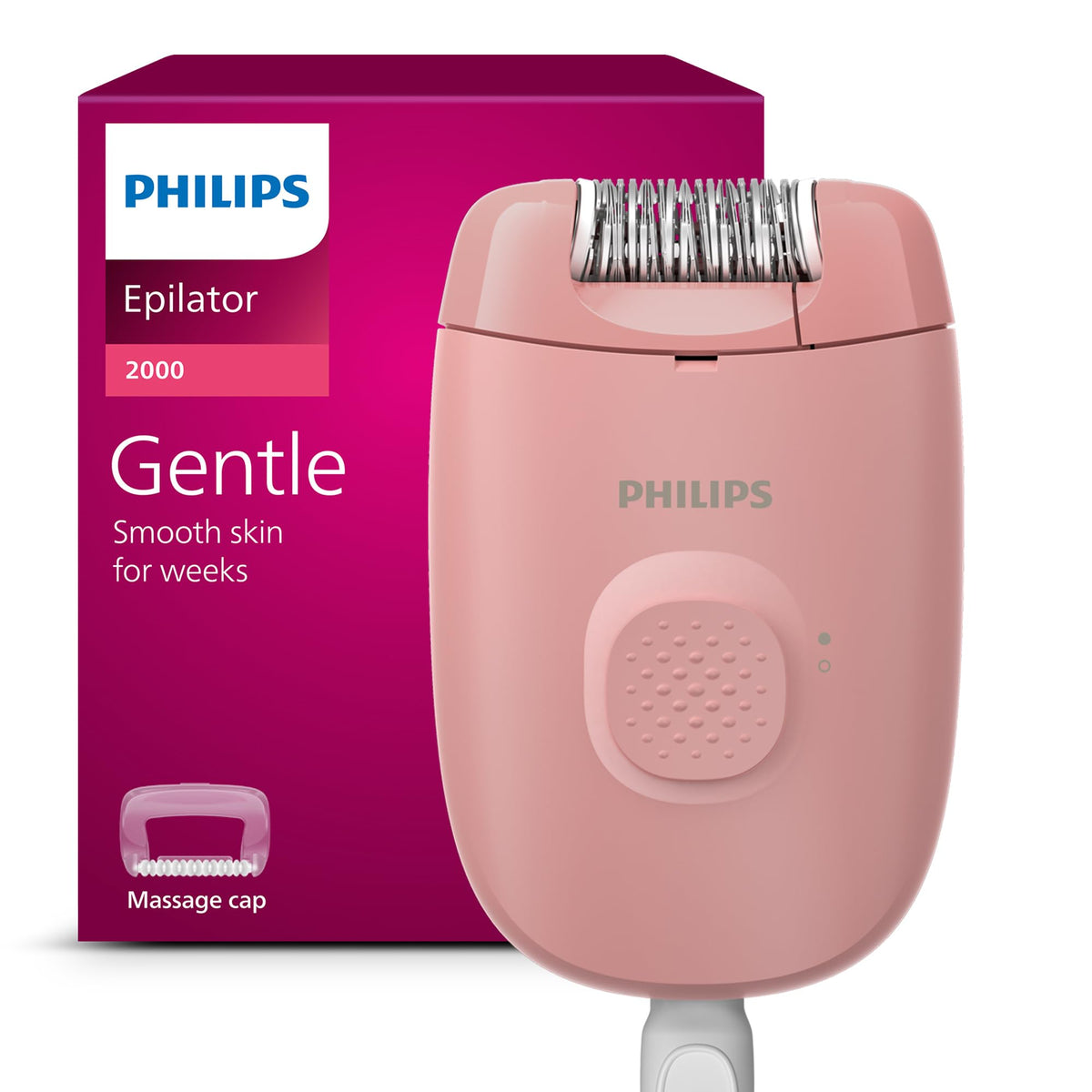Philips Epilator Series 2000 in pink, featuring gentle design and massage cap for smooth skin lasting weeks.