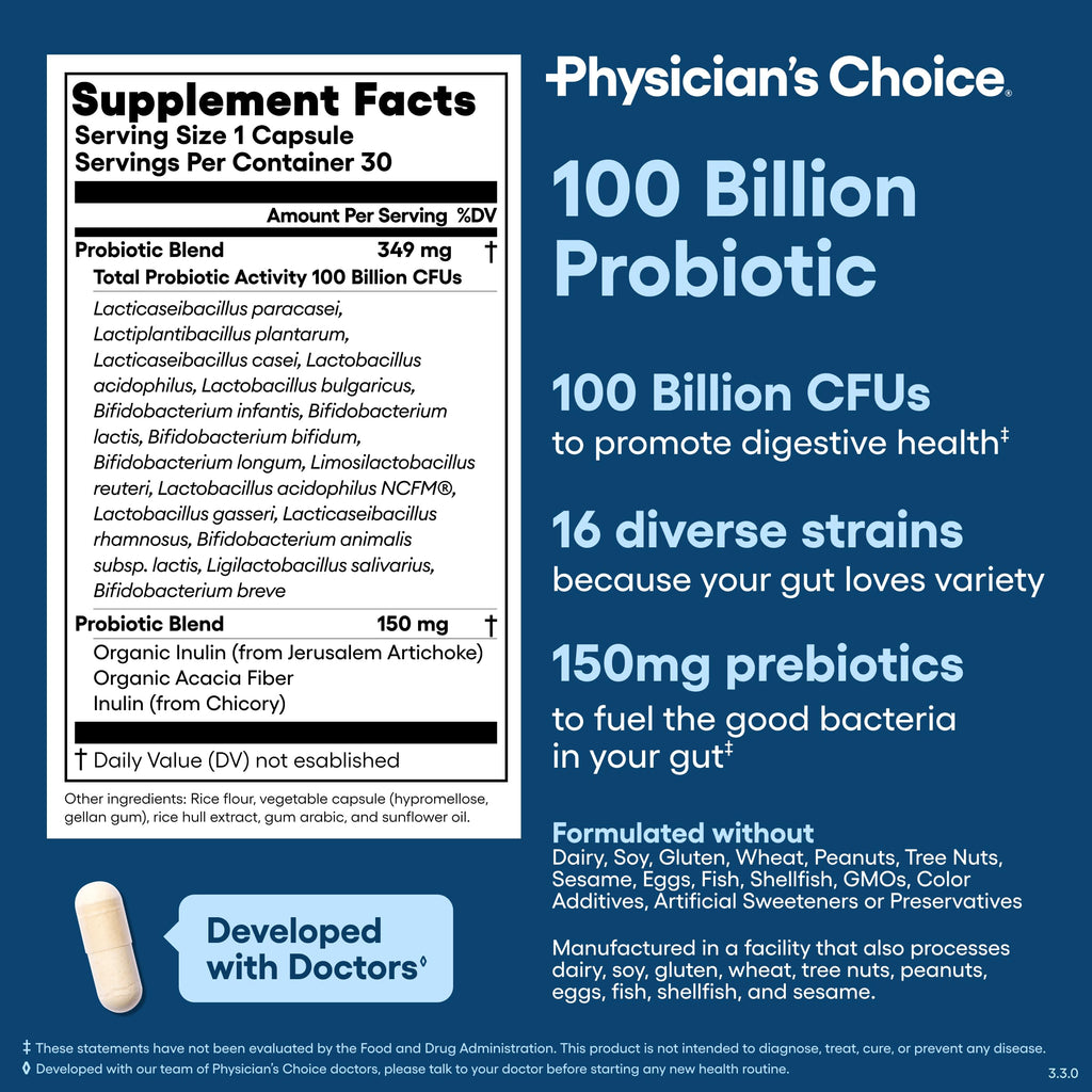 Physician's CHOICE Advanced Probiotic offers 100 billion probiotics with 16 diverse strains. A premium import available at Curat Cart.