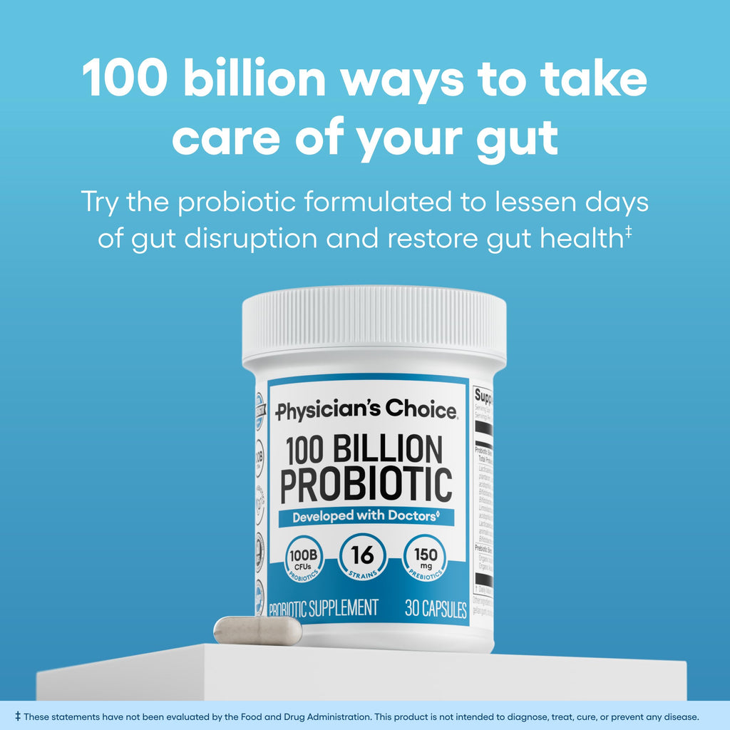 Physician's CHOICE Advanced Probiotic offers 100 billion CFUs for gut health, 100% authentic and available in India at Curat Cart.