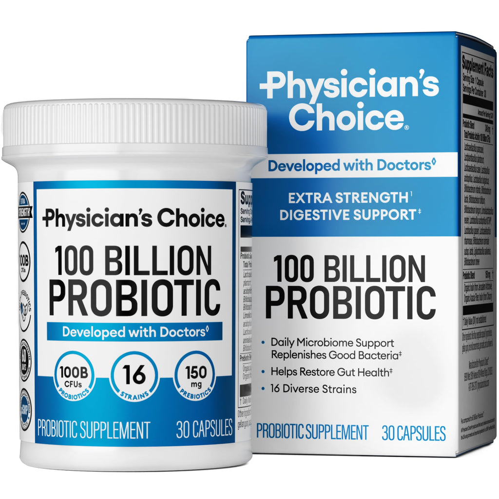 Physician's Choice Advanced Probiotic offers 100 billion CFUs in 30 capsules, a premium import to restore gut health. Available at Curat Cart.