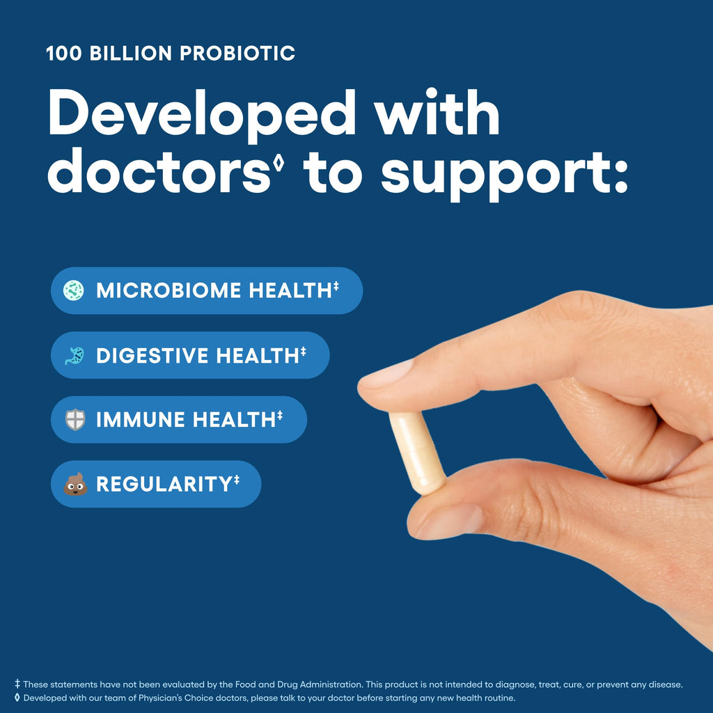 Physician's CHOICE Advanced Probiotic capsule offering 100 billion probiotics for microbiome, digestive, and immune health. Available at Curat Cart.