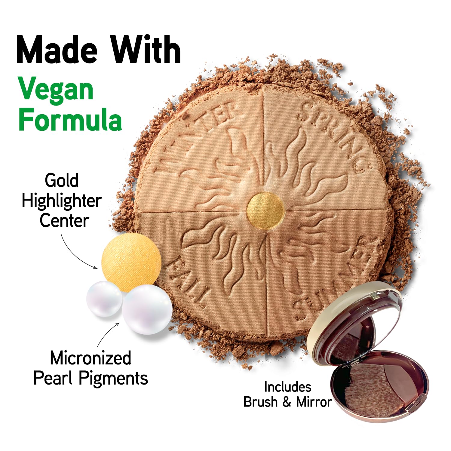 Physicians Formula Bronze Booster Glow-B features a vegan bronzer with a gold highlighter center, micronized pearl pigments. Includes mirror and brush.