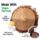Physicians Formula Bronze Booster Glow-B features a vegan formula with a gold highlighter center, pearl pigments, and includes a brush and mirror.