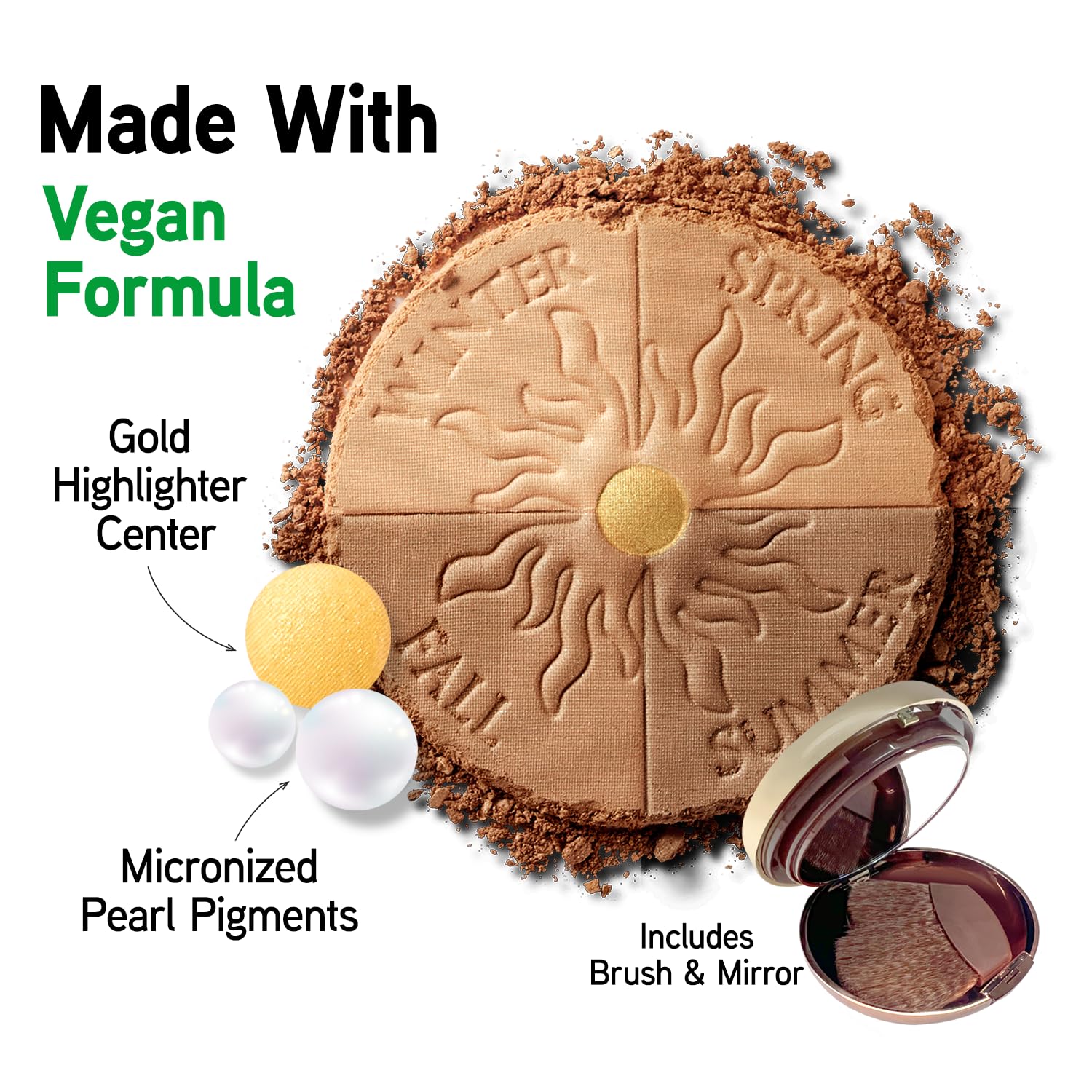 Physicians Formula Bronze Booster Glow-B features a vegan formula with a gold highlighter center, pearl pigments, and includes a brush and mirror.
