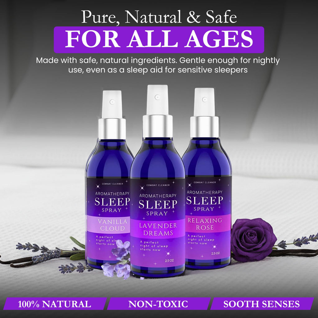 Premium imported Sleep Spray Mist for Deep Sleep in three variants: Vanilla Cloud, Lavender Dreams, Relaxing Rose from Curat Cart.