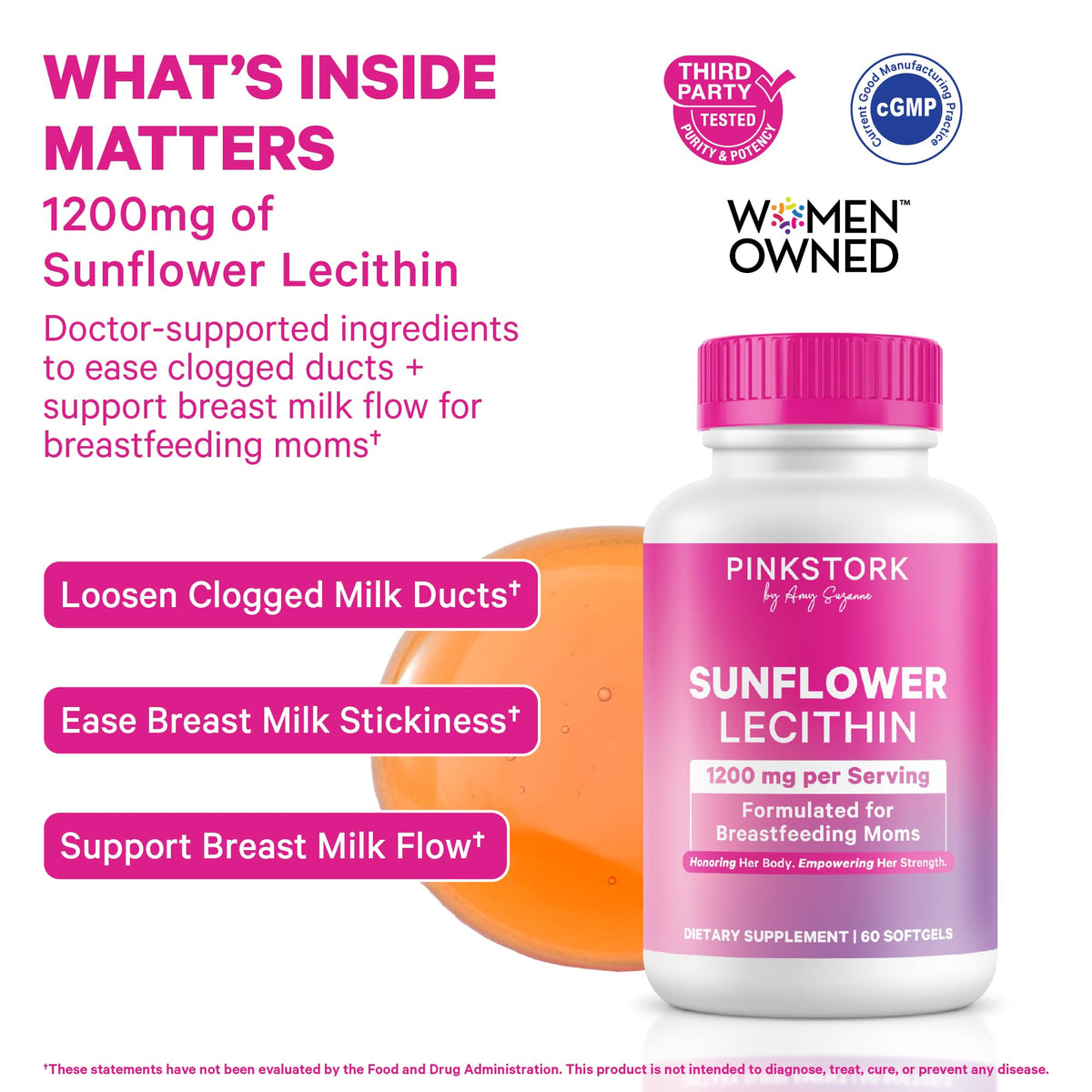 Trustworthy Pink Stork Sunflower Lecithin Supplement for breastfeeding moms, 1200mg per serving, available at Curat Cart.