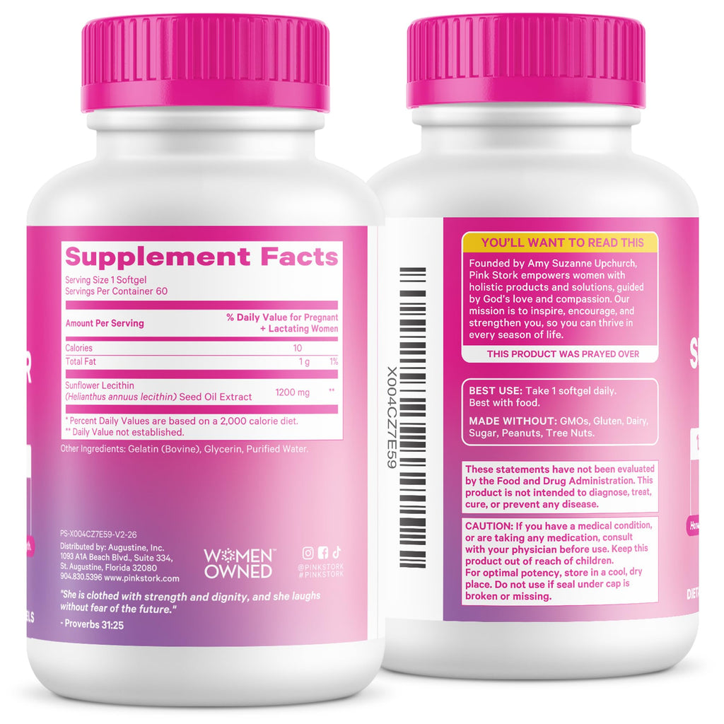 Pink Stork Sunflower Lecithin Supplement in official packaging, promoting lactation support. Available at Curat Cart.