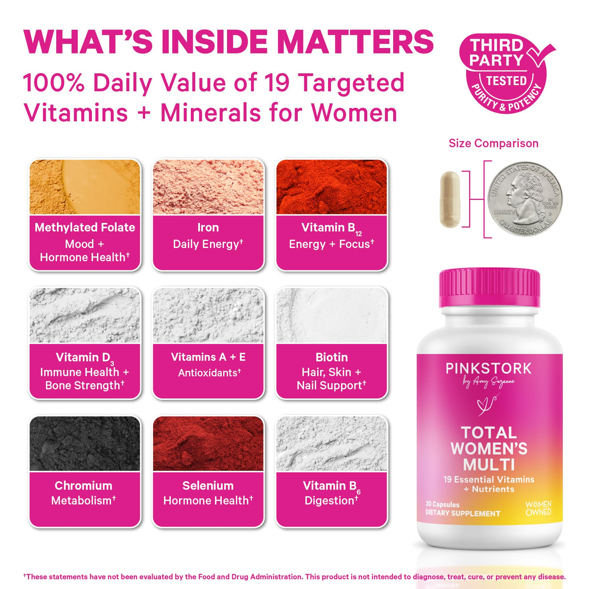 Pink Stork Total Women's Multivitamin offers 100% Daily Value of 19 essential vitamins and minerals, 100% Authentic, available in India at Curat Cart.
