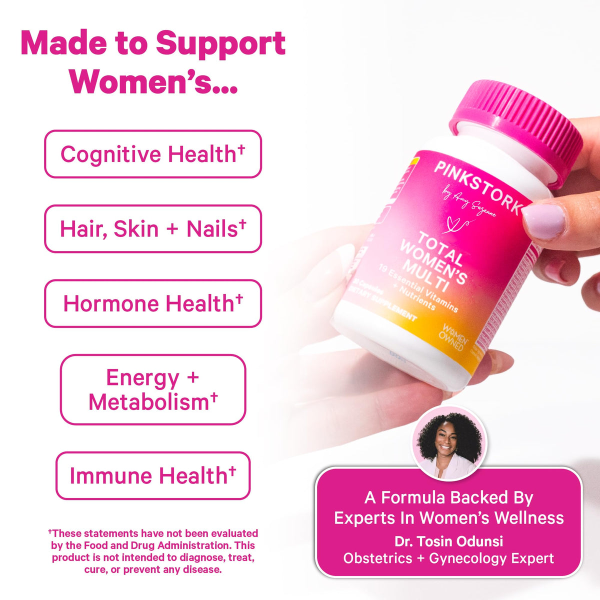 Total Women's Multivitamin by Pink Stork in official packaging, promoting cognitive health and wellness. Available at Curat Cart.