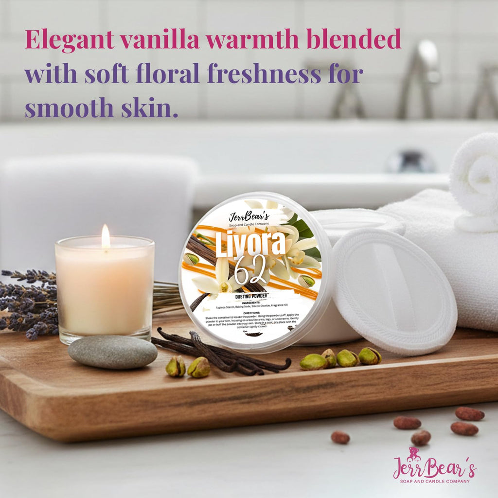 Luxurious dusting powder with elegant vanilla warmth and floral notes, perfect for smooth skin care.