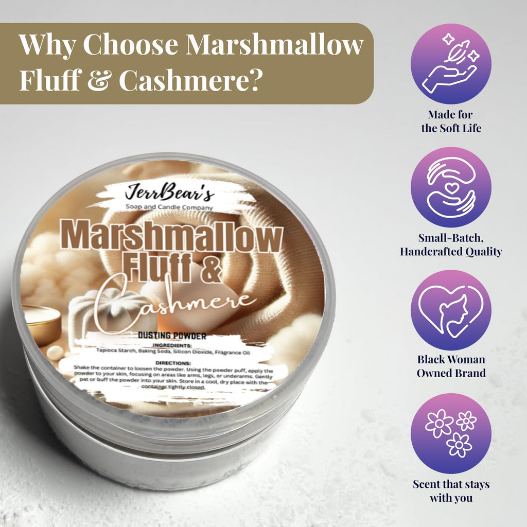 Marshmallow Fluff & Cashmere dusting powder in a stylish jar. Handcrafted, small-batch quality. Perfect for a soft and lasting scent.