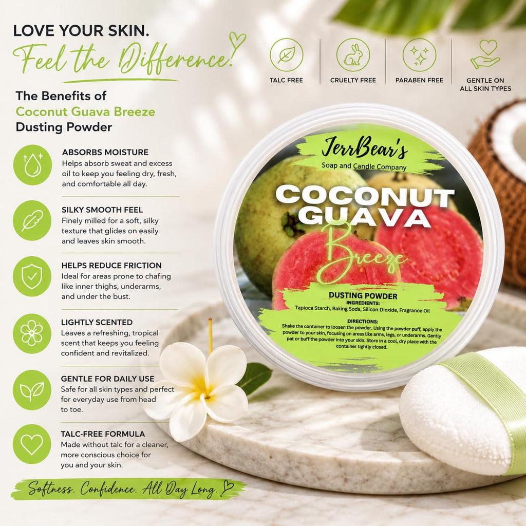 Coconut Guava Dusting Powder, absorbs moisture, smoothens skin, gentle for daily use. Verified by CuratCart for trust.