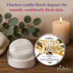 Delicate dusting powder for smooth skin, featuring a floral design and subtle vanilla scent. Verified by CuratCart.