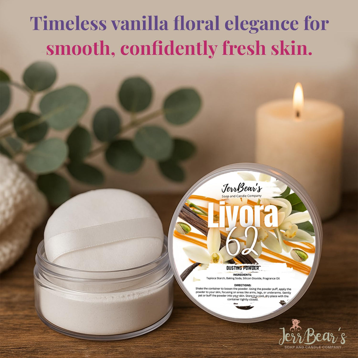 Delicate dusting powder for smooth skin, featuring a floral design and subtle vanilla scent. Verified by CuratCart.