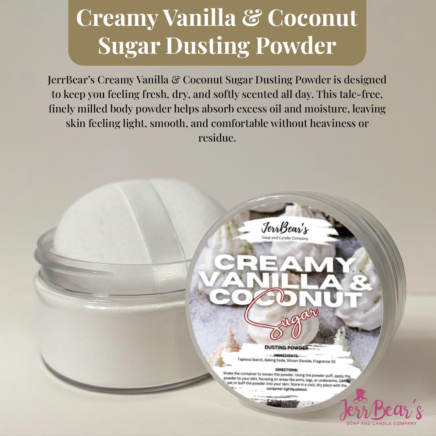 Indulge in this creamy vanilla and coconut dusting powder, offering a smooth, light feel without residue.