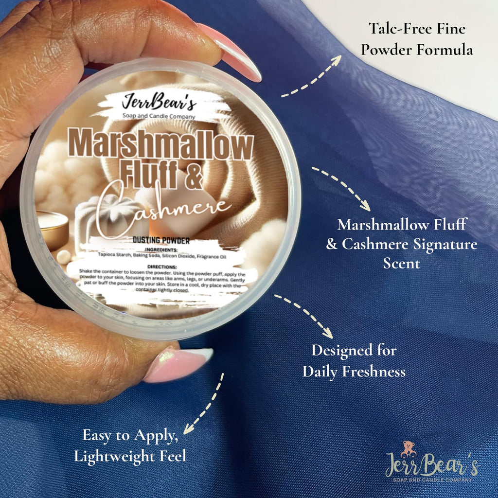 Talcy, lightweight dusting powder with a sweet marshmallow fluff scent. Premium imported for daily freshness.