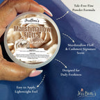 Talcy, lightweight dusting powder with a sweet marshmallow fluff scent. Premium imported for daily freshness.