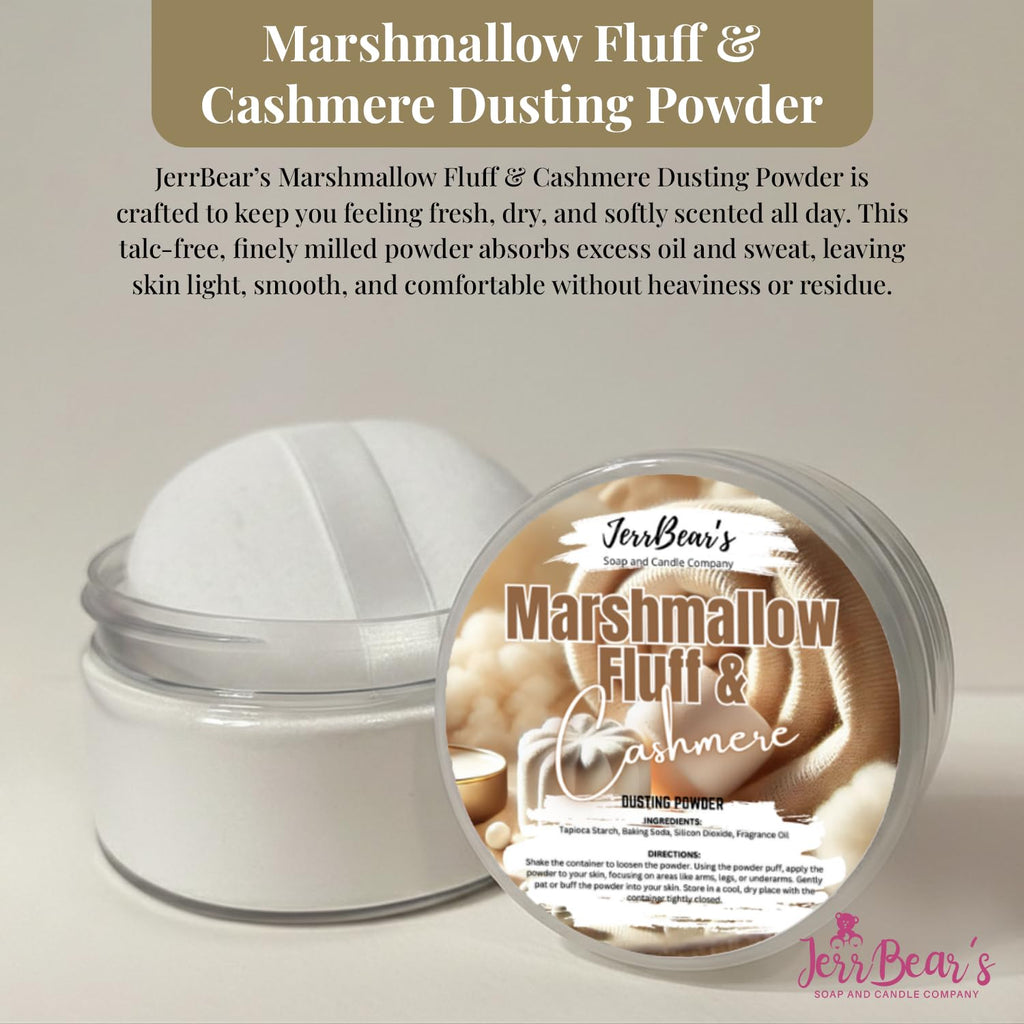 JerrBear's Marshmallow Fluff & Cashmere Dusting Powder; talc-free, moisturizing for skin, ensuring a light, fresh feel all day.