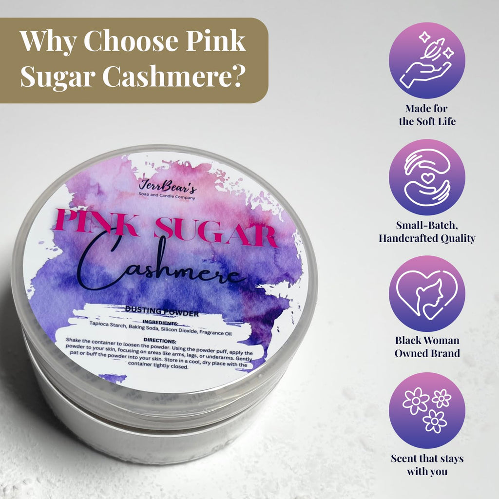 Authentic Pink Sugar Cashmere Dusting Powder. Small-batch, handcrafted, and made for soft skin. Black woman-owned brand.