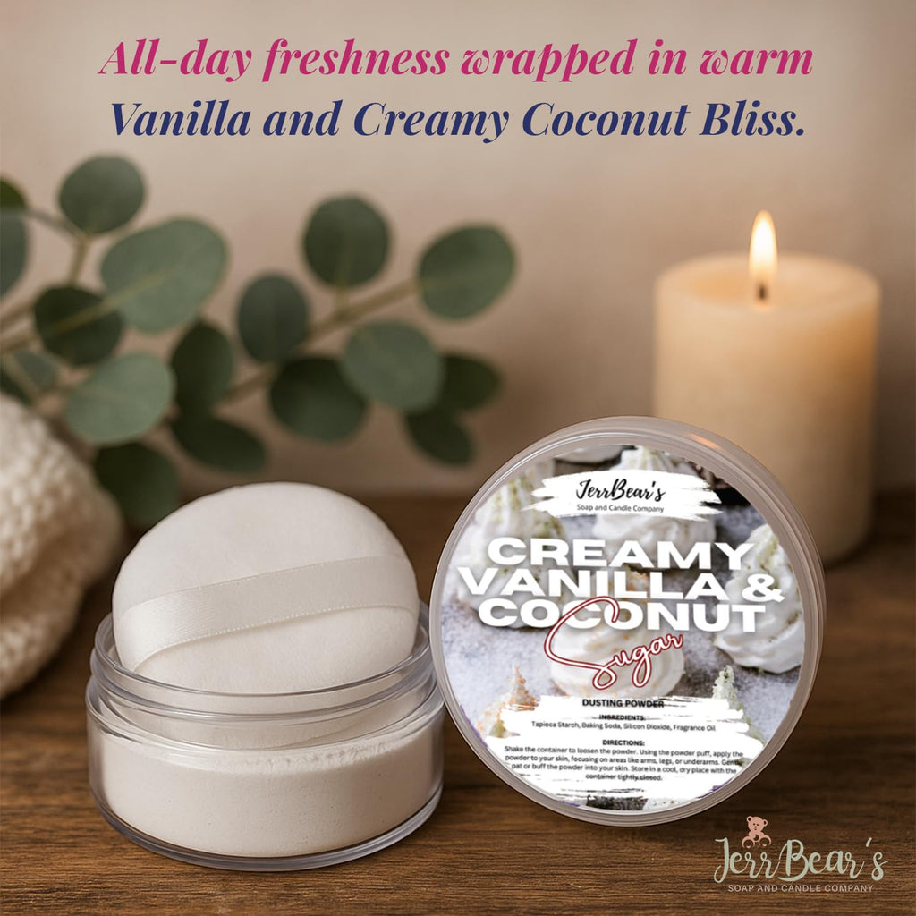 Luxurious Pink Sugar Cashmere Dusting Powder, offering all-day freshness with warm Vanilla and Creamy Coconut Bliss in stylish packaging.