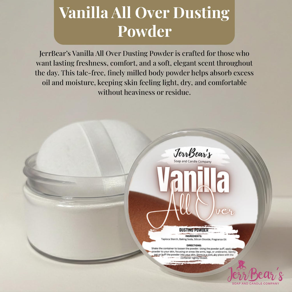 JerrBear's Vanilla All Over Dusting Powder, crafted for lasting freshness and softness. Lightweight yet effective in absorbing moisture.