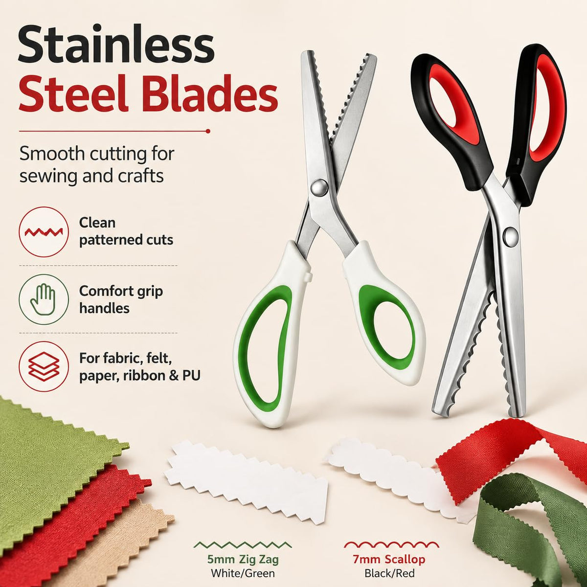 Premium pinking shears set with stainless steel blades and comfort grip handles, ideal for clean, patterned cuts. Available at Curat Cart.