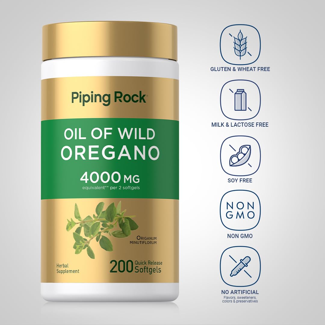 Piping Rock Oregano Oil Softgels in official packaging, offering 4000 MG herbal supplement, gluten-free, non-GMO, and high-quality finish. Available at Curat Cart.