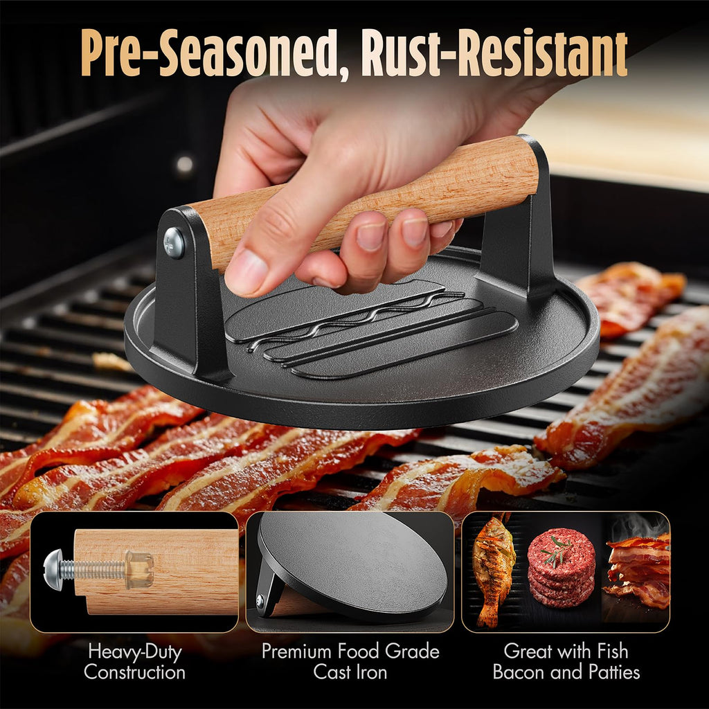 Craft perfect burgers with the Pisol Smash Burger Press, made from premium cast iron, available at Curat Cart in India. 100% Authentic.